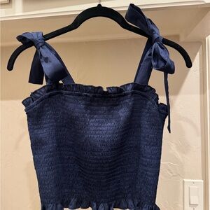 TCEC Blue Smocked Tank Top with Tie Front and Ruffles